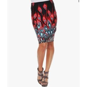 White Mark Women's Peacock Printed Knee Length Pencil Skirt - Red - Size Medium